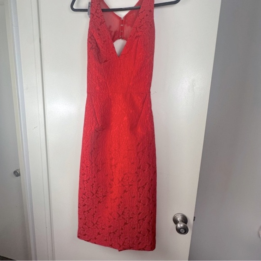 Monique‎ Lhuillier Red-berry Floral Lace Sleeveless Mesh Cutout Back Dress NWT 6